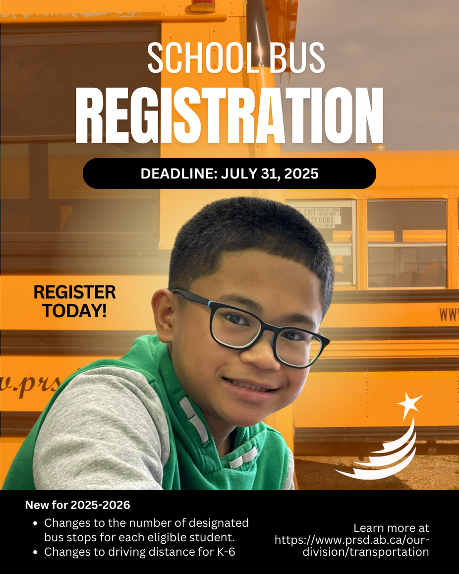 A close-up shot of a smiling young boy with short dark hair and glasses, positioned in front of a blurred yellow school bus. The boy is wearing a grey long-sleeved shirt with a green hooded sweatshirt partially visible. Above him, large white text reads &